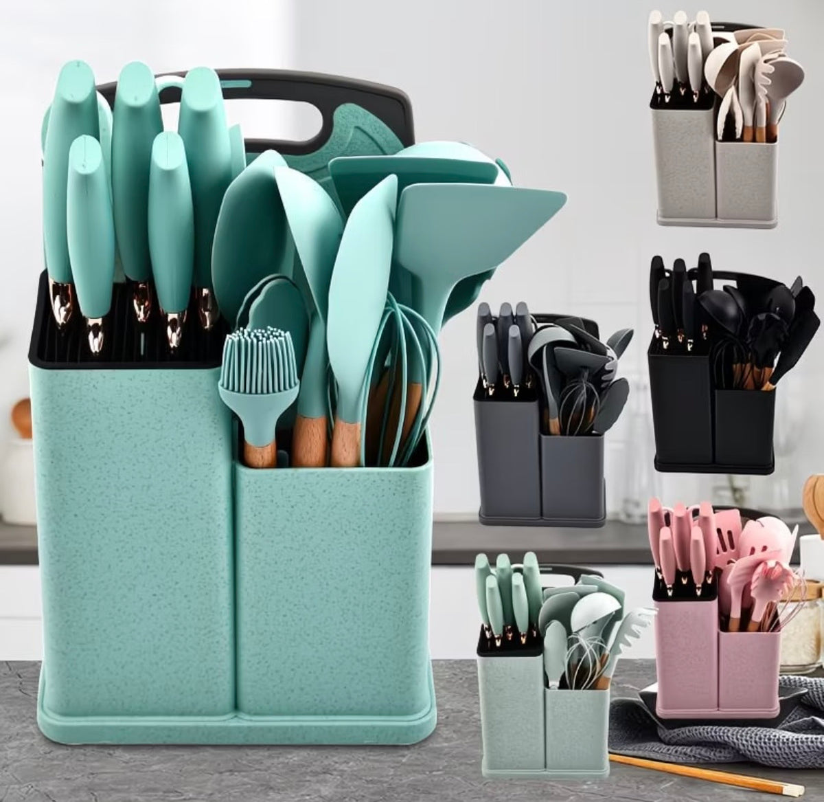 5, 19-Piece Silicone Kitchen Utensil and Knife Set